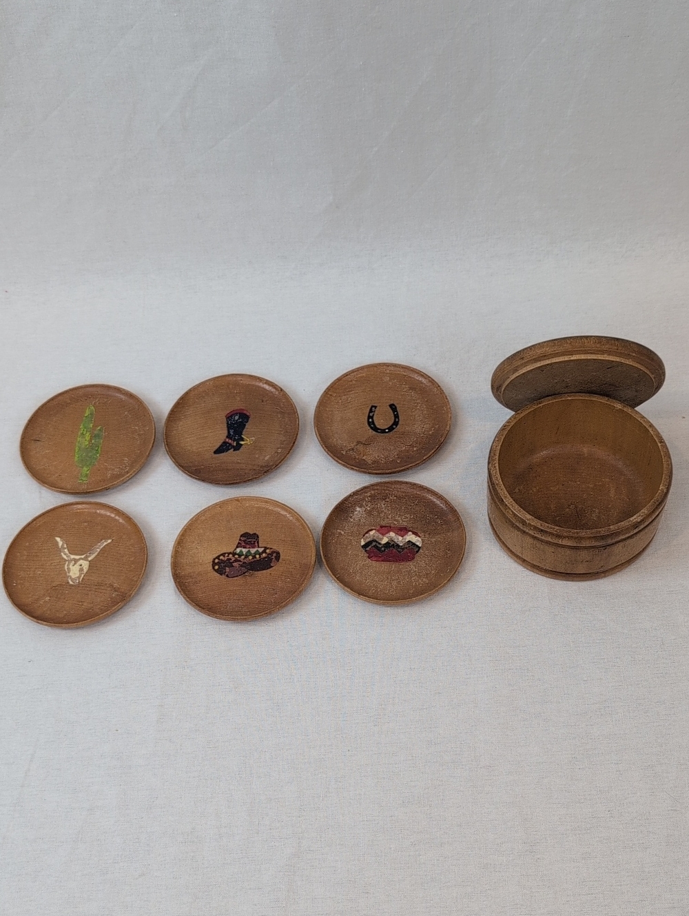 VINTAGE/ANTIQUE Hand Painted Wooden Western Coaster Set with Storage Box
